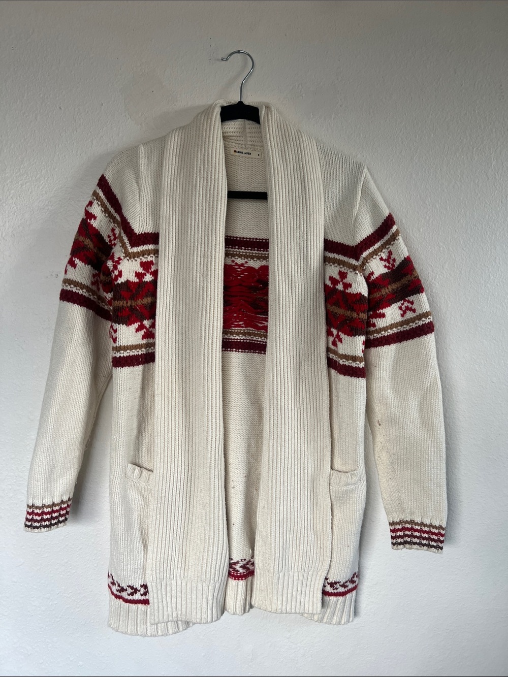 Marine Layer Cream Knit Cardigan with Red and Burgundy Nordic Trim